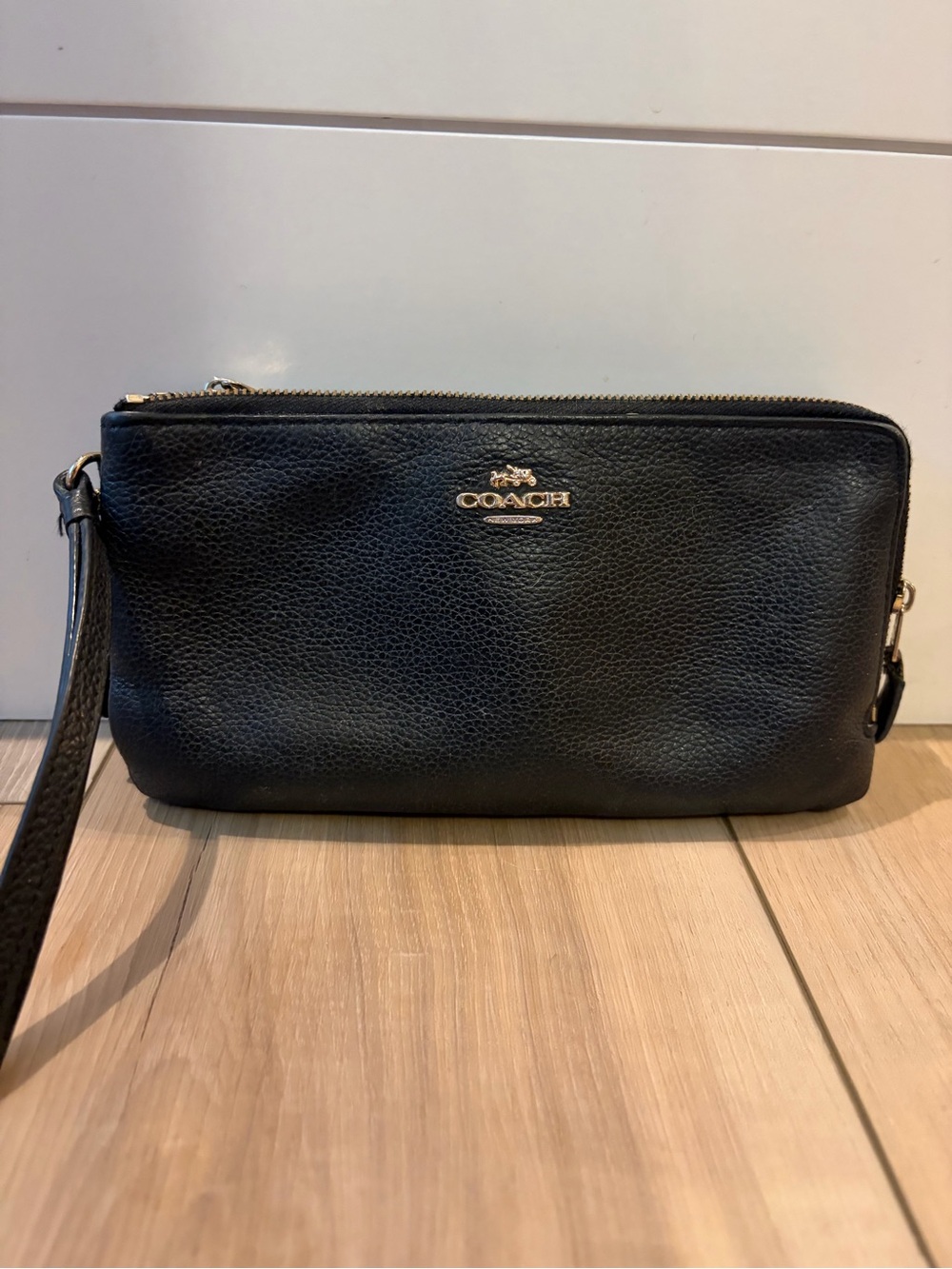 Coach Double Zip Pebble Leather Wristlet Wallet